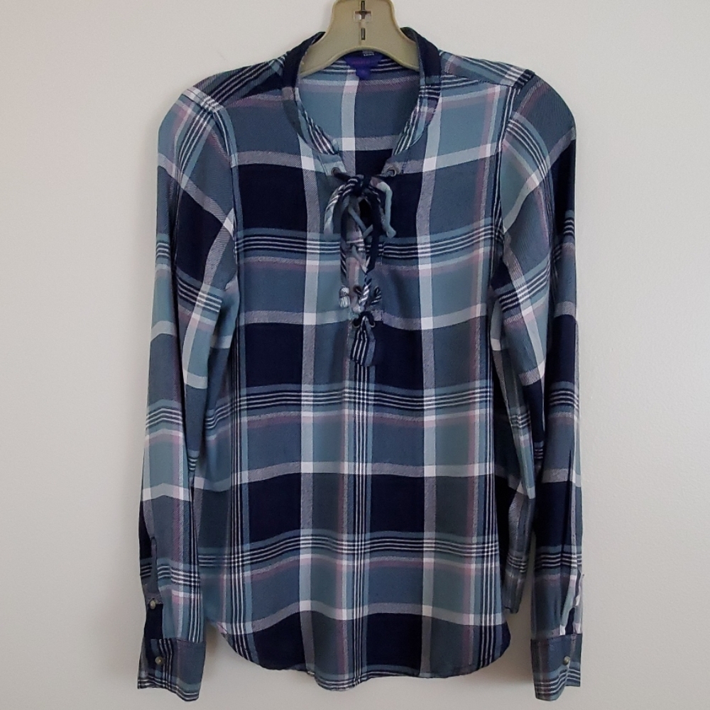 Aeropostale Plaid Lace Up Neckline Top - M